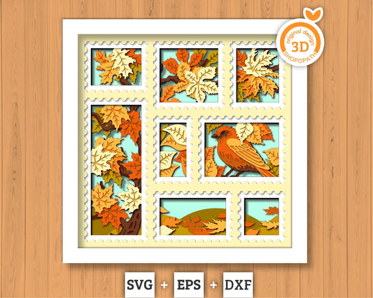 3D SVG Finch And Autumn Leaves In Stamps Frame Shadow Box, 3D Fall SVG, Birch 3d svg, Maple 3d svg, Oak 3d svg, Cricut Silhouette