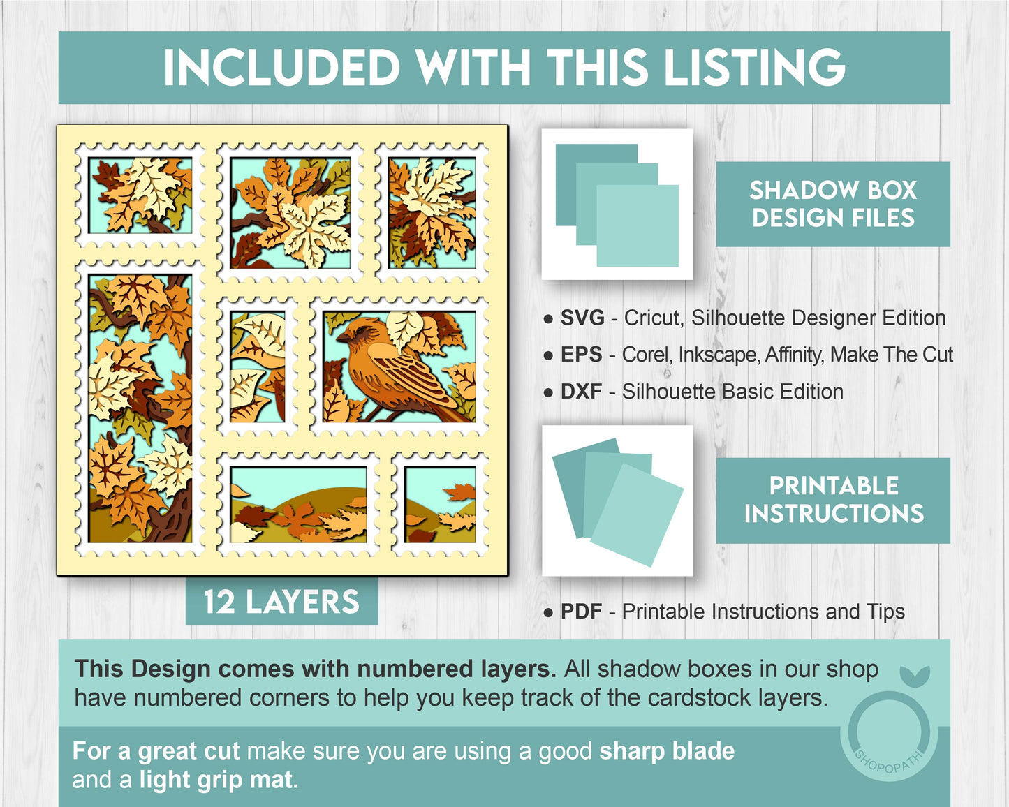 3D SVG Finch And Autumn Leaves In Stamps Frame Shadow Box, 3D Fall SVG, Birch 3d svg, Maple 3d svg, Oak 3d svg, Cricut Silhouette