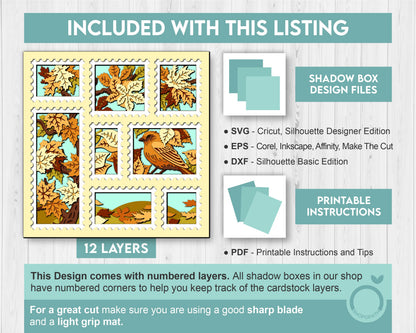 3D SVG Finch And Autumn Leaves In Stamps Frame Shadow Box, 3D Fall SVG, Birch 3d svg, Maple 3d svg, Oak 3d svg, Cricut Silhouette