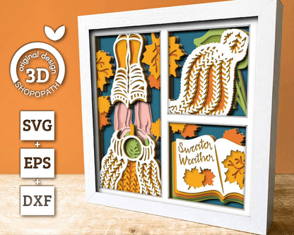 3D SVG Layered Fall Sweater, Fall Shadow Box, Autumn 3D Svg, Leaves 3d Svg, Reading Shadow Box, Hello Fall Papercut svg, Cricut Silhouette