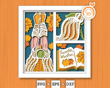 3D SVG Layered Fall Sweater, Fall Shadow Box, Autumn 3D Svg, Leaves 3d Svg, Reading Shadow Box, Hello Fall Papercut svg, Cricut Silhouette