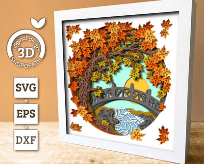 3D SVG Autumn Tree Over a Stream Shadow Box, Autumn 3D SVG, Leaves 3D Svg, Nature 3d Svg, Foliage 3D SVG Autumn Shadow Box Cricut Silhouette