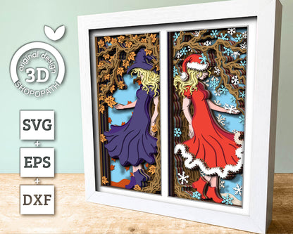 3D SVG Halloween Christmas Holiday Transition Shadow Box, Witch 3d SVG, Santa 3D SVG, Layered Holiday Papercut 3d Svg, Cricut Silhouette
