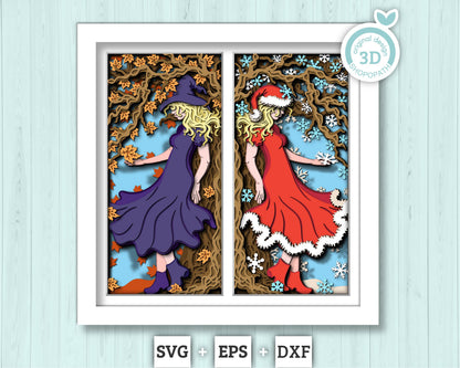 3D SVG Halloween Christmas Holiday Transition Shadow Box, Witch 3d SVG, Santa 3D SVG, Layered Holiday Papercut 3d Svg, Cricut Silhouette
