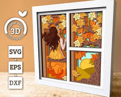 3D Woman On Swing Under Autumn Tree Shadow Box SVG, 3D Autumn SVG, Autumn Leaves 3d svg, Tree 3d Svg, Fall SVG, Cricut Silhouette