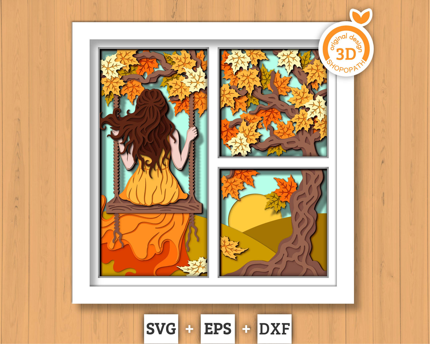 3D Woman On Swing Under Autumn Tree Shadow Box SVG, 3D Autumn SVG, Autumn Leaves 3d svg, Tree 3d Svg, Fall SVG, Cricut Silhouette