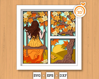 3D Woman On Swing Under Autumn Tree Shadow Box SVG, 3D Autumn SVG, Autumn Leaves 3d svg, Tree 3d Svg, Fall SVG, Cricut Silhouette