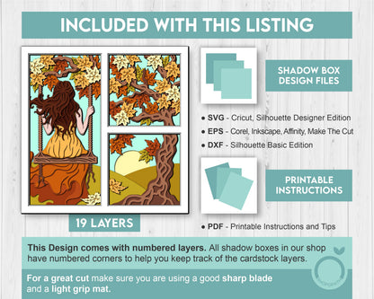 3D Woman On Swing Under Autumn Tree Shadow Box SVG, 3D Autumn SVG, Autumn Leaves 3d svg, Tree 3d Svg, Fall SVG, Cricut Silhouette