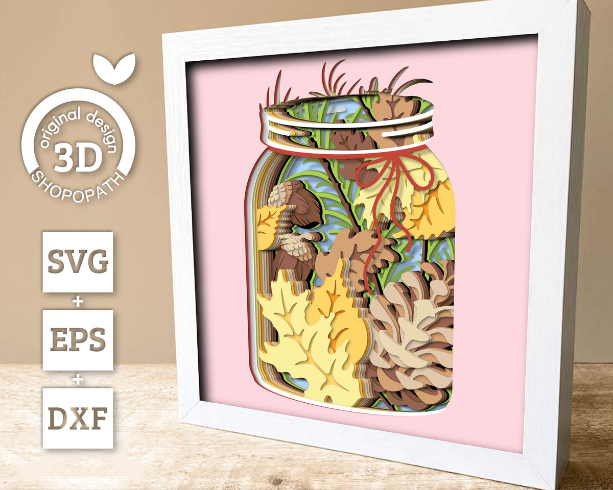 Autumn Jar Shadow Box 3D SVG With Fall Leaves, Acorns, Pine Cones and Needles Cutting Files for Cricut Silhouette With DXF EPS