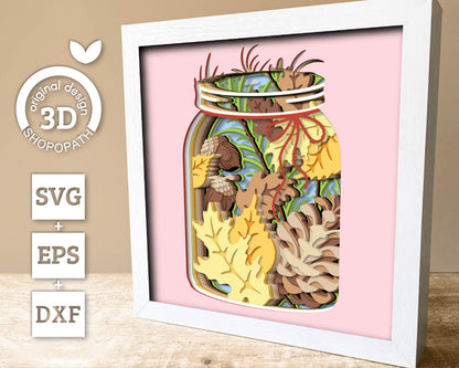 Autumn Jar Shadow Box 3D SVG With Fall Leaves, Acorns, Pine Cones and Needles Cutting Files for Cricut Silhouette With DXF EPS