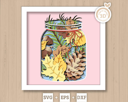 Autumn Jar Shadow Box 3D SVG With Fall Leaves, Acorns, Pine Cones and Needles Cutting Files for Cricut Silhouette With DXF EPS