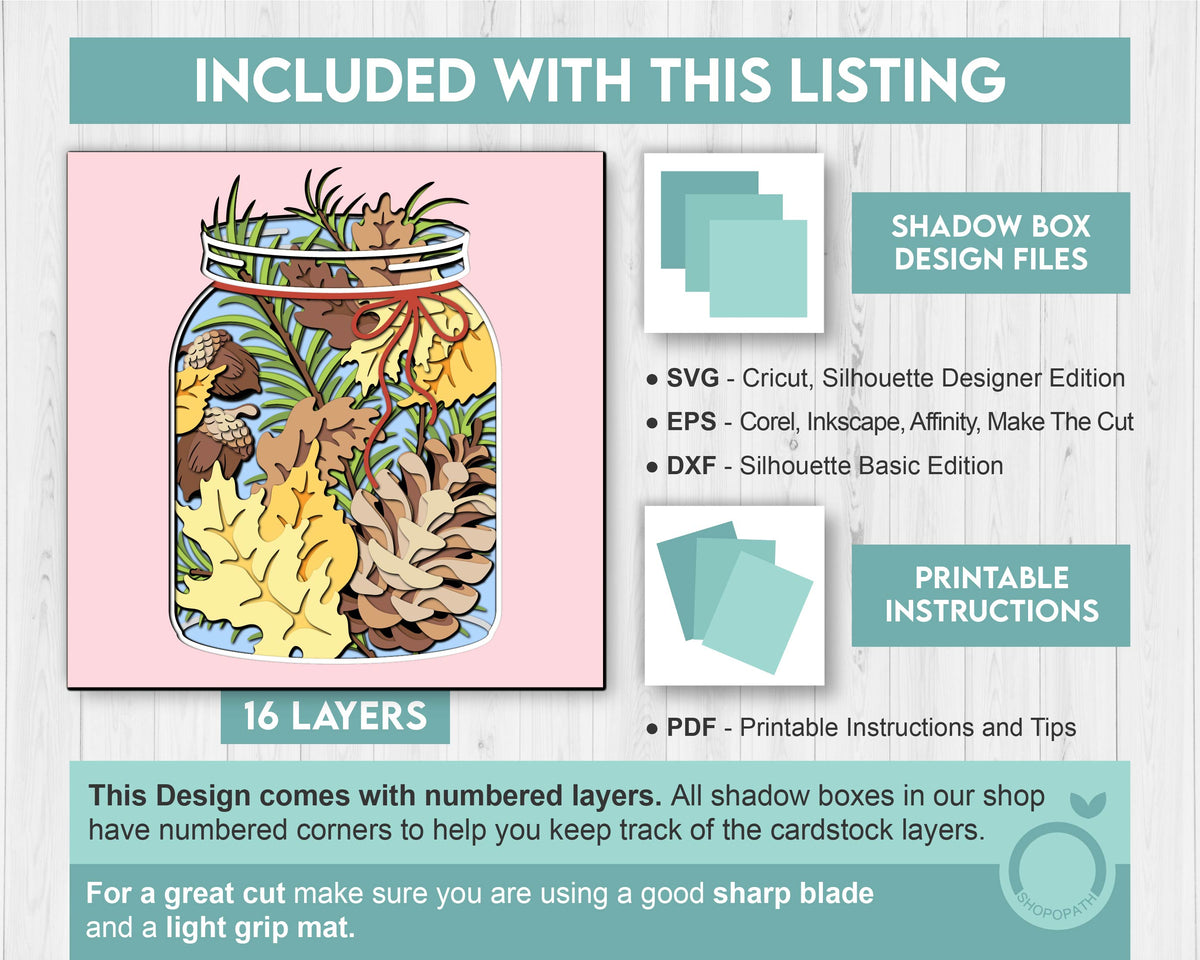 Autumn Jar Shadow Box 3D SVG With Fall Leaves, Acorns, Pine Cones and Needles Cutting Files for Cricut Silhouette With DXF EPS