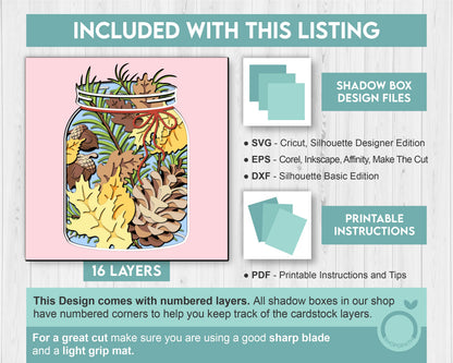 Autumn Jar Shadow Box 3D SVG With Fall Leaves, Acorns, Pine Cones and Needles Cutting Files for Cricut Silhouette With DXF EPS