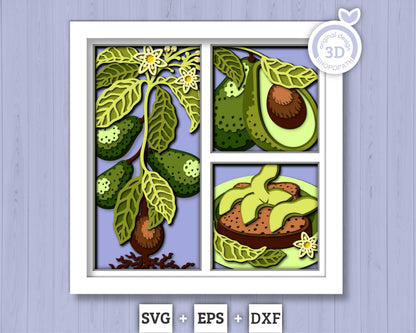 3D SVG Avocado Shadow Box SVG, Avocado Toast Shadow Box, Breakfast 3D Svg, Flowers 3d svg, Leaves Layered Papercut svg, Cricut Silhouette