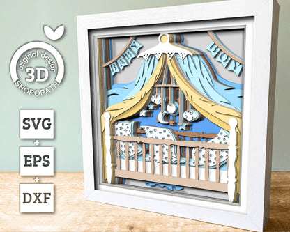 3D Baby Boy Crib Shadow Box SVG, Baby Shower Decor 3d SVG, Cute baby 3d svg,  Newborn 3d svg, Baby Arrival svg, Nursery Room 3d SVG, Cricut