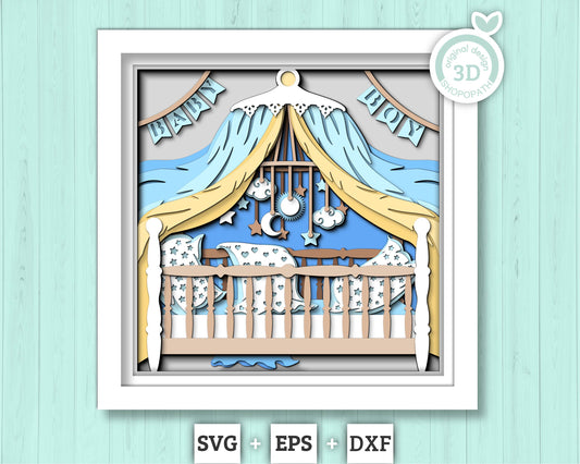 3D Baby Boy Crib Shadow Box SVG, Baby Shower Decor 3d SVG, Cute baby 3d svg,  Newborn 3d svg, Baby Arrival svg, Nursery Room 3d SVG, Cricut