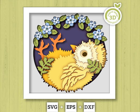 3D SVG Baby Chick Shadow Box with Forget-Me-Not Flowers Layered Cutting Files for Cricut, Silhouette, Brother or Laser Machines