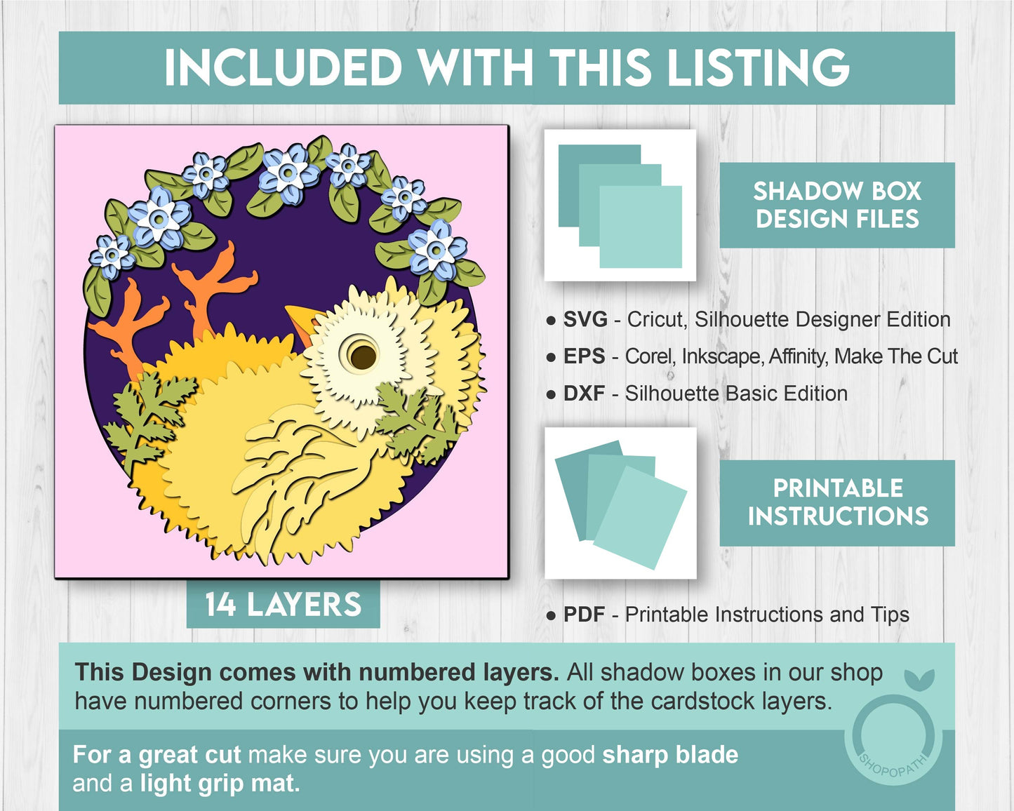 3D SVG Baby Chick Shadow Box with Forget-Me-Not Flowers Layered Cutting Files for Cricut, Silhouette, Brother or Laser Machines