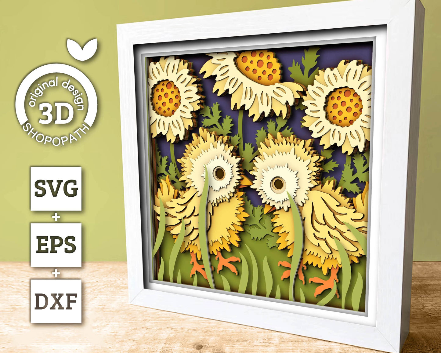3D SVG Baby Chicks with Marigold Flowers and Leaves Spring Shadow Box, Layered Cutting Files for Cricut, Silhouette & Laser Machines