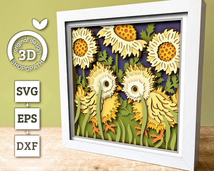 3D SVG Baby Chicks with Marigold Flowers and Leaves Spring Shadow Box, Layered Cutting Files for Cricut, Silhouette & Laser Machines