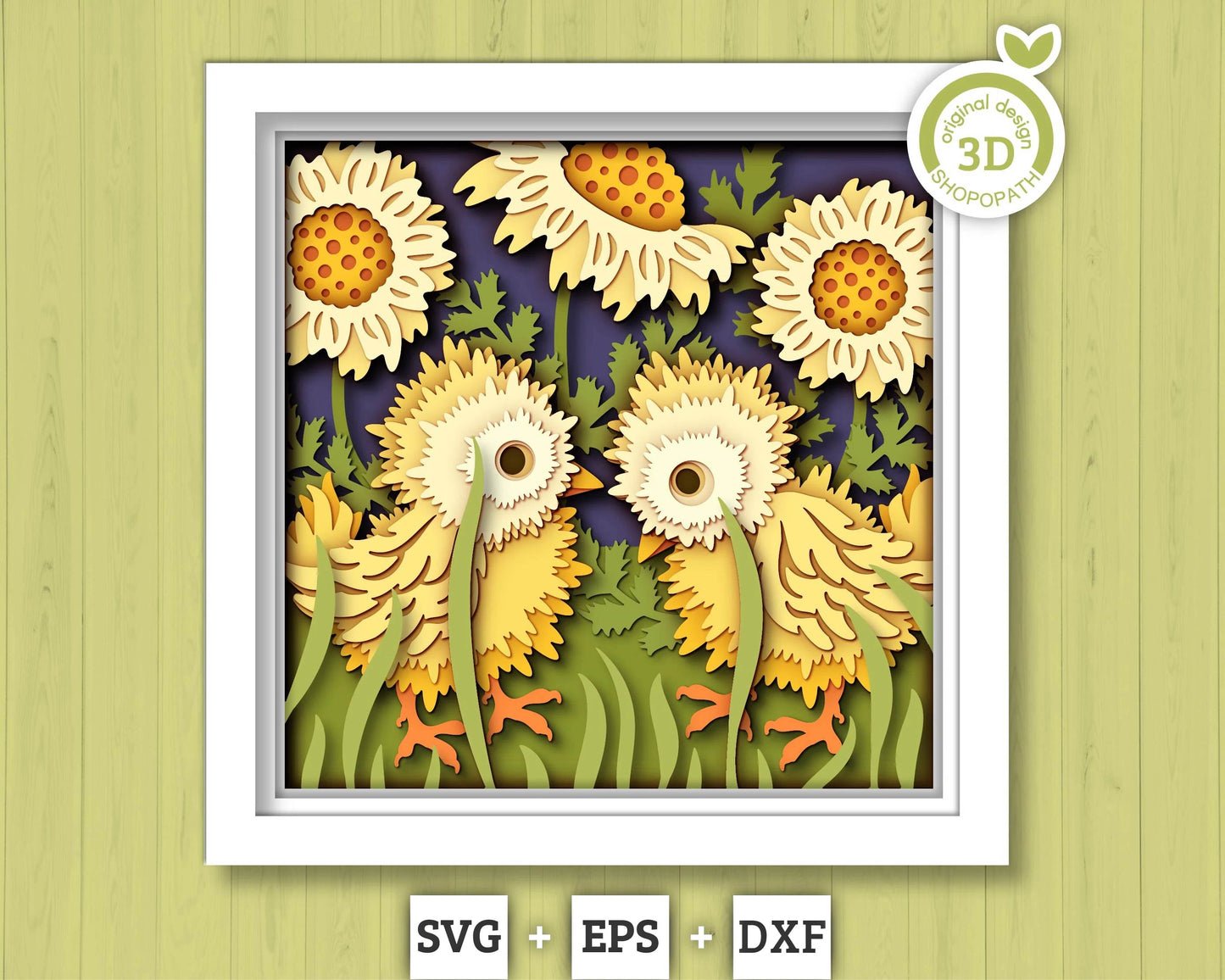 3D SVG Baby Chicks with Marigold Flowers and Leaves Spring Shadow Box, Layered Cutting Files for Cricut, Silhouette & Laser Machines