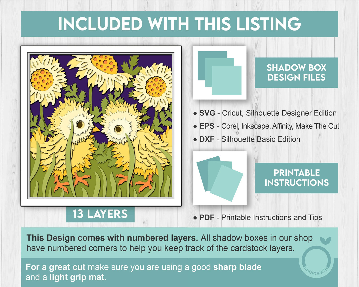 3D SVG Baby Chicks with Marigold Flowers and Leaves Spring Shadow Box, Layered Cutting Files for Cricut, Silhouette & Laser Machines