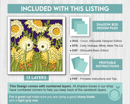 3D SVG Baby Chicks with Marigold Flowers and Leaves Spring Shadow Box, Layered Cutting Files for Cricut, Silhouette & Laser Machines