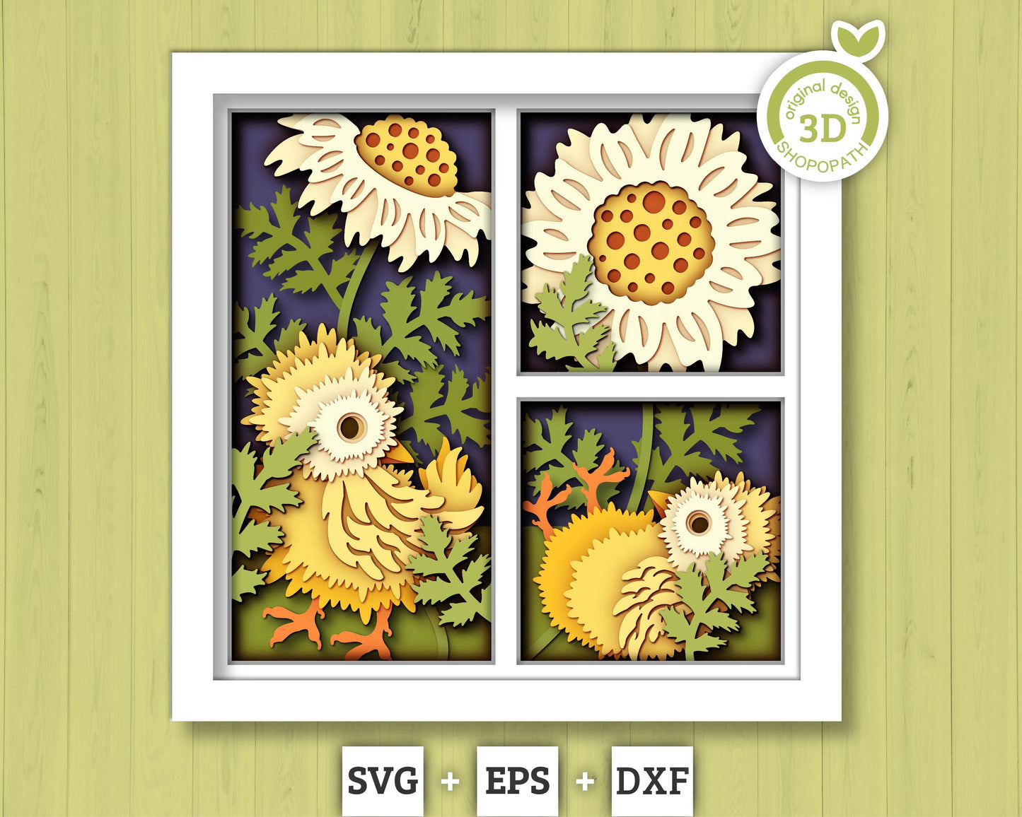 Baby Chicks with Marigold Panels - 3D Shadow Box Layered SVG DXF EPS (Cutting Files)