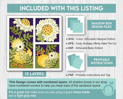 Baby Chicks with Marigold Panels - 3D Shadow Box Layered SVG DXF EPS (Cutting Files)