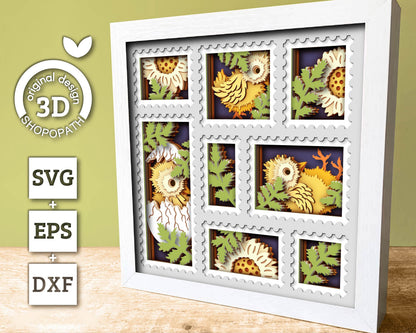 3D SVG Egg Hatching Baby Chicks Shadow Box with Spring Flowers in a Stamps Frame Layered Cutting File for Cricut Silhouette & Laser Machines