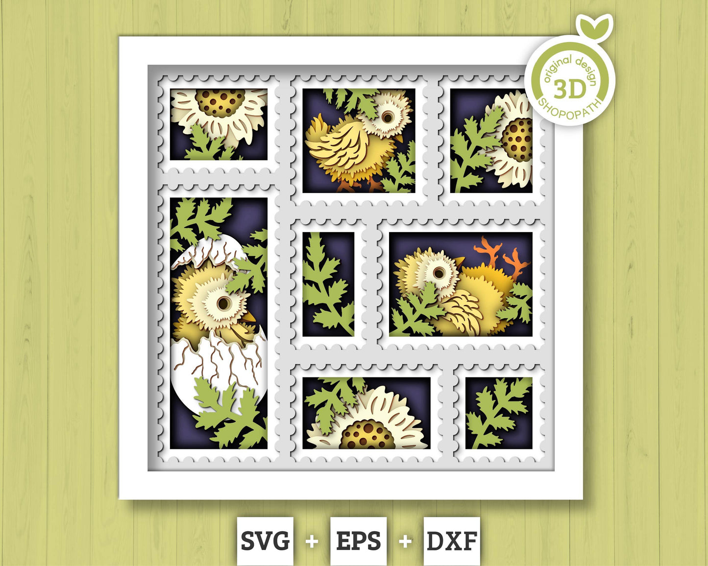 3D SVG Egg Hatching Baby Chicks Shadow Box with Spring Flowers in a Stamps Frame Layered Cutting File for Cricut Silhouette & Laser Machines