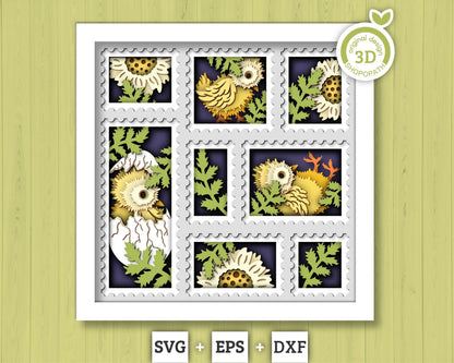 3D SVG Egg Hatching Baby Chicks Shadow Box with Spring Flowers in a Stamps Frame Layered Cutting File for Cricut Silhouette & Laser Machines