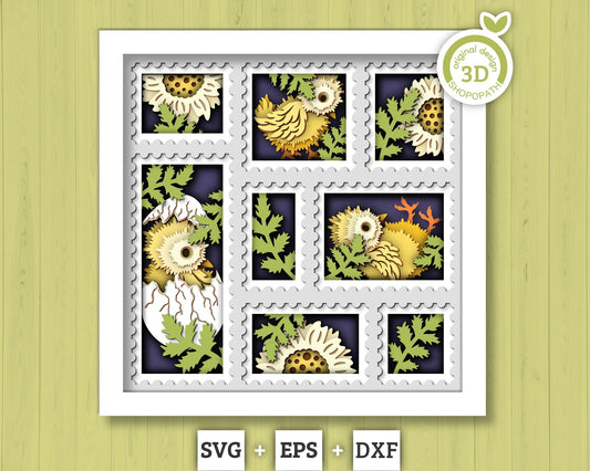 3D SVG Egg Hatching Baby Chicks Shadow Box with Spring Flowers in a Stamps Frame Layered Cutting File for Cricut Silhouette & Laser Machines