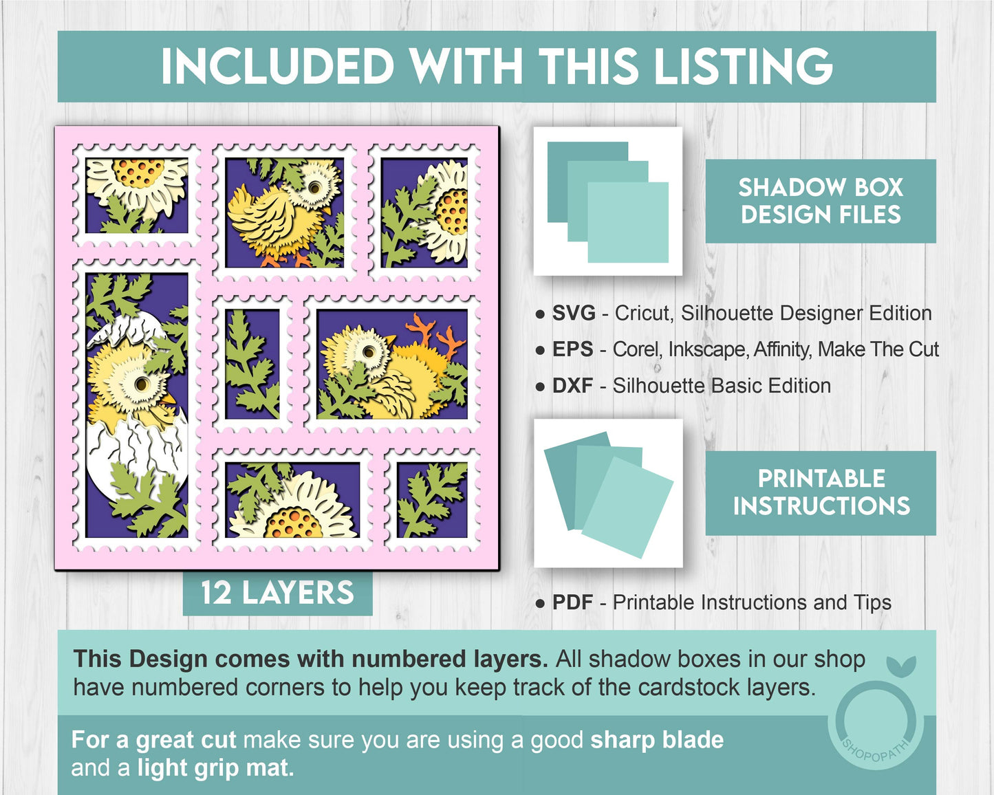 3D SVG Egg Hatching Baby Chicks Shadow Box with Spring Flowers in a Stamps Frame Layered Cutting File for Cricut Silhouette & Laser Machines