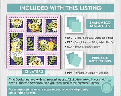 3D SVG Egg Hatching Baby Chicks Shadow Box with Spring Flowers in a Stamps Frame Layered Cutting File for Cricut Silhouette & Laser Machines