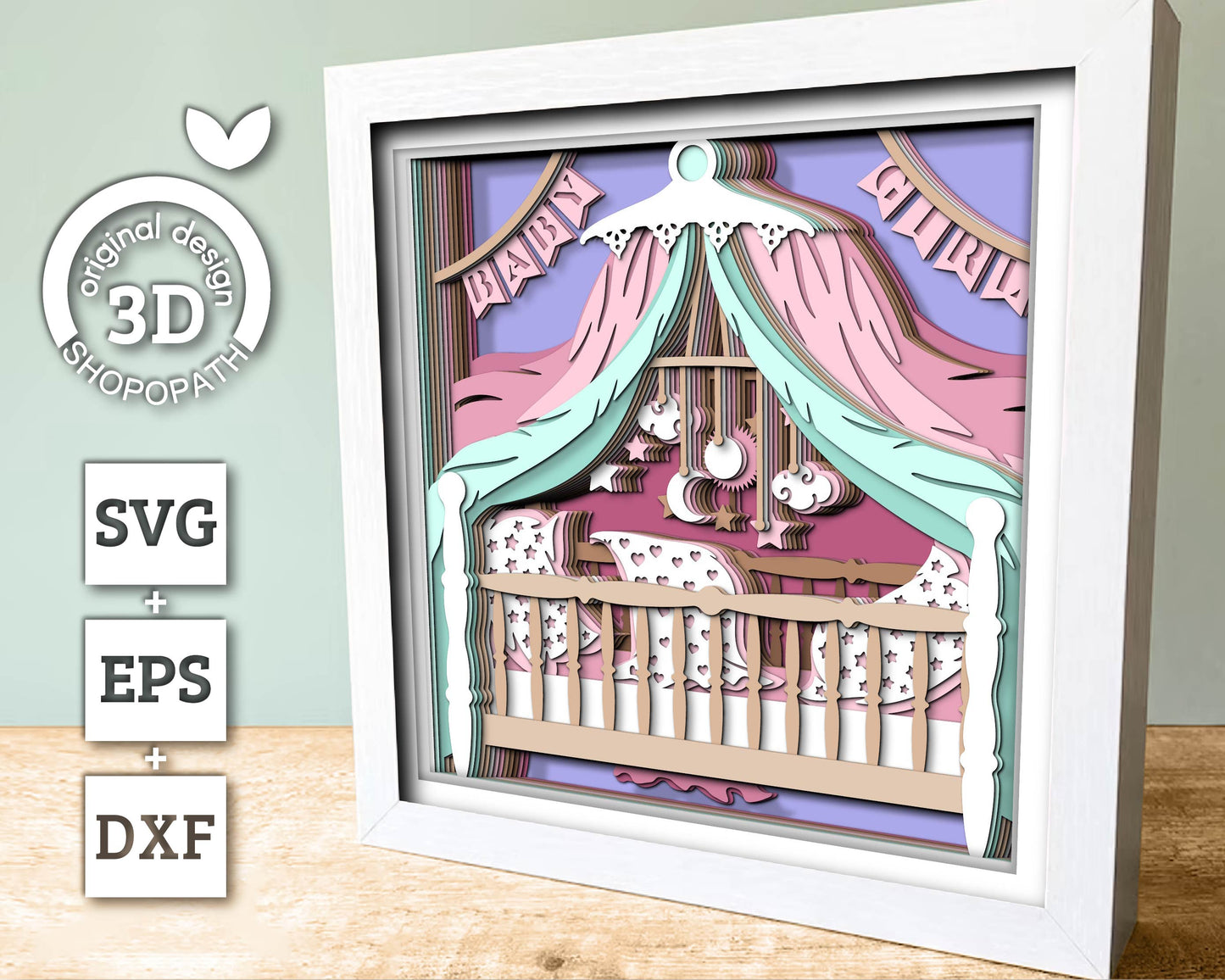 3D Baby Girl Crib Shadow Box SVG, Cute baby 3d svg, Baby Shower Decor 3d SVG, Newborn 3d svg, Baby Arrival svg, Nursery Room 3d SVG, Cricut