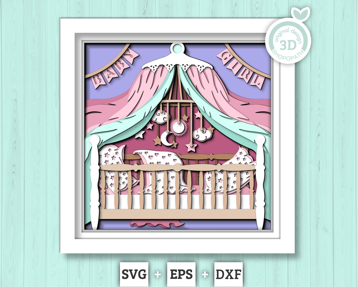 3D Baby Girl Crib Shadow Box SVG, Cute baby 3d svg, Baby Shower Decor 3d SVG, Newborn 3d svg, Baby Arrival svg, Nursery Room 3d SVG, Cricut