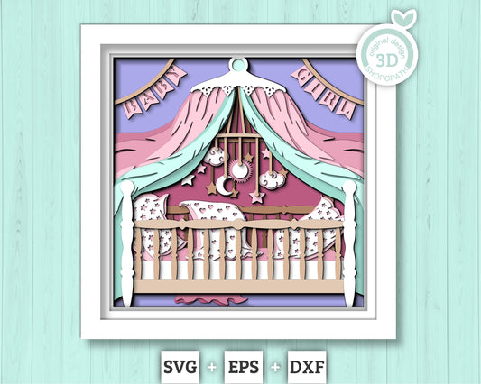 3D Baby Girl Crib Shadow Box SVG, Cute baby 3d svg, Baby Shower Decor 3d SVG, Newborn 3d svg, Baby Arrival svg, Nursery Room 3d SVG, Cricut