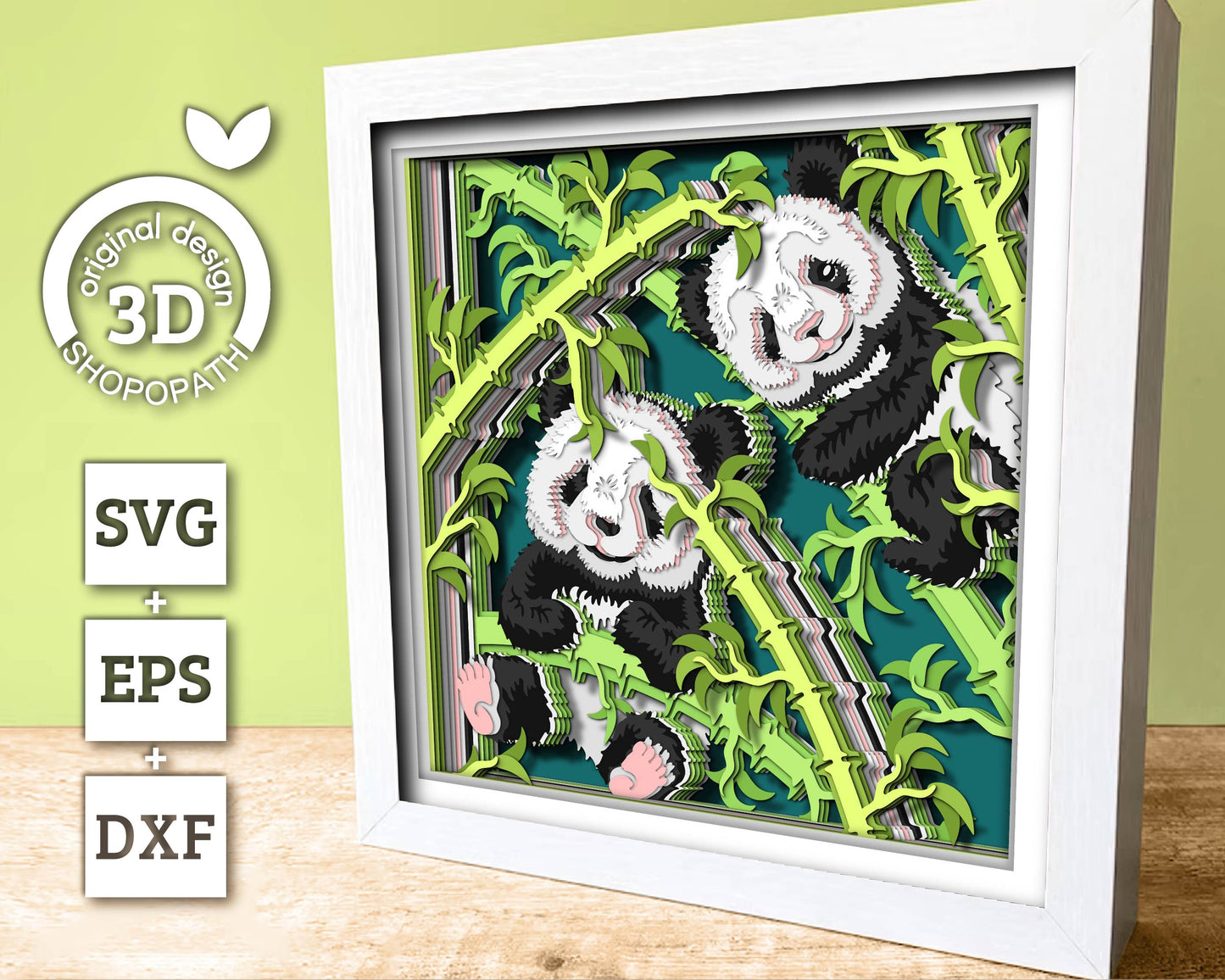 Baby Panda Bears with Bamboo - 3D Shadow Box Layered SVG DXF EPS (Cutting Files)