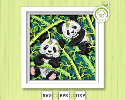 Baby Panda Bears with Bamboo - 3D Shadow Box Layered SVG DXF EPS (Cutting Files)