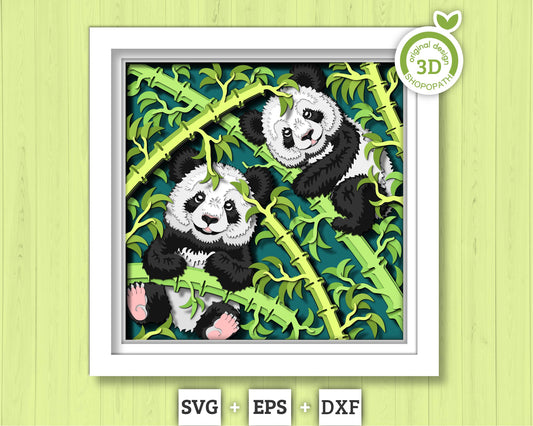 Baby Panda Bears with Bamboo - 3D Shadow Box Layered SVG DXF EPS (Cutting Files)