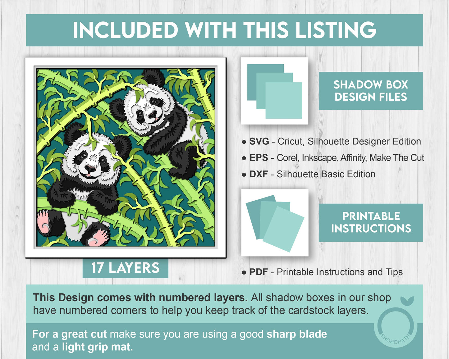 Baby Panda Bears with Bamboo - 3D Shadow Box Layered SVG DXF EPS (Cutting Files)