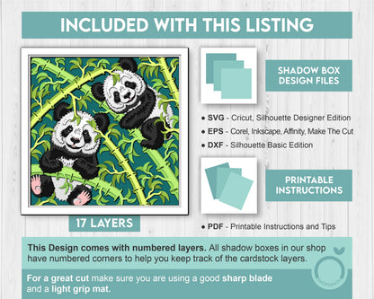 Baby Panda Bears with Bamboo - 3D Shadow Box Layered SVG DXF EPS (Cutting Files)