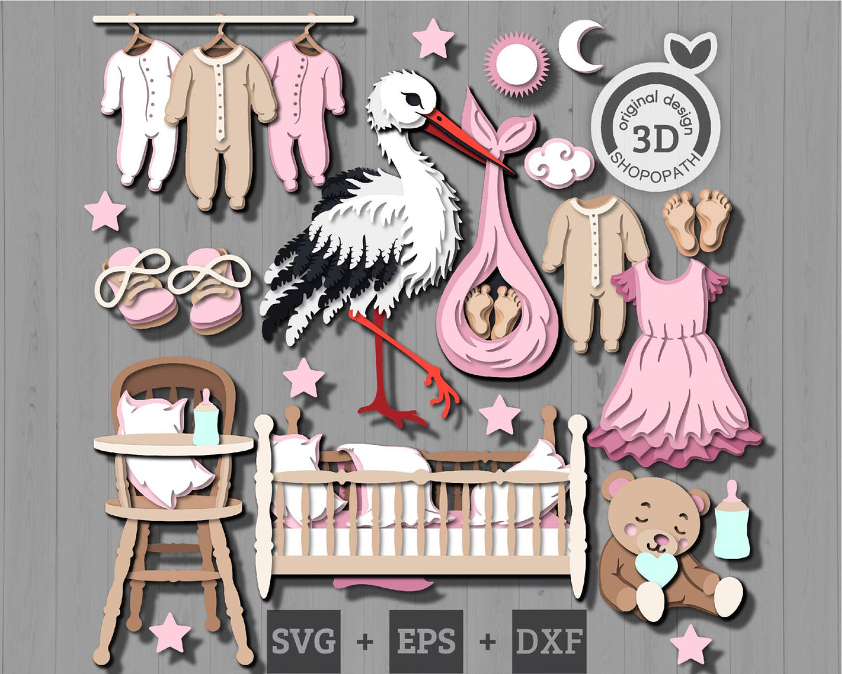 Baby Shower Bundle - 3D Elements Layered SVG DXF EPS for Laser Cut, Glowforge, Cricut (Cutting Files)