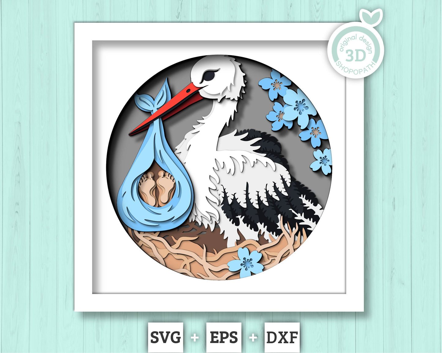 Stork with Baby Delivery - 3D Shadow Box Layered SVG DXF EPS (Cutting Files)