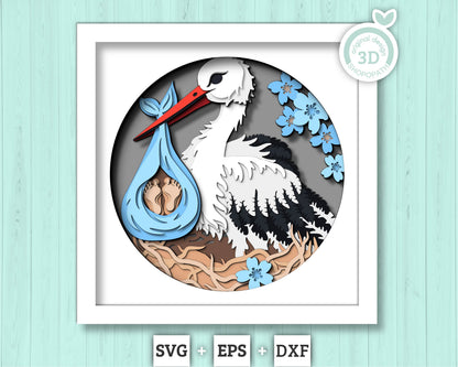 Stork with Baby Delivery - 3D Shadow Box Layered SVG DXF EPS (Cutting Files)