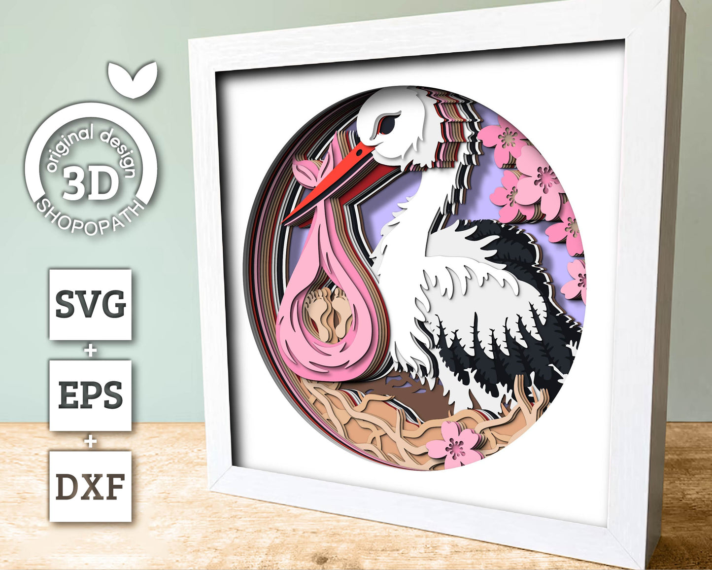 Stork with Baby Delivery - 3D Shadow Box Layered SVG DXF EPS (Cutting Files)