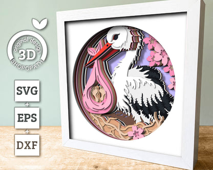 Stork with Baby Delivery - 3D Shadow Box Layered SVG DXF EPS (Cutting Files)
