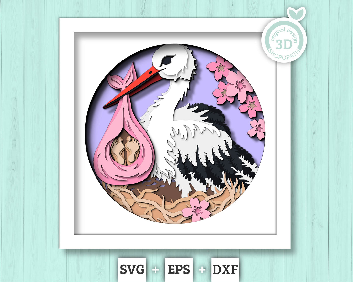 Stork with Baby Delivery - 3D Shadow Box Layered SVG DXF EPS (Cutting Files)