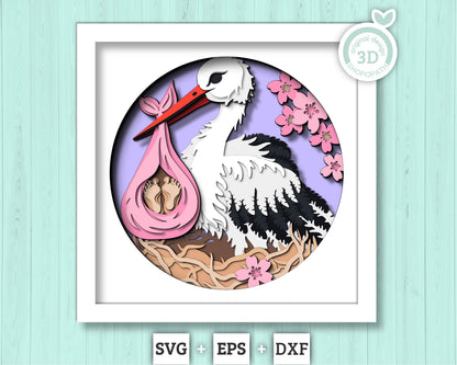 Stork with Baby Delivery - 3D Shadow Box Layered SVG DXF EPS (Cutting Files)